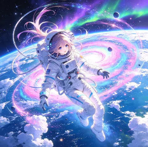 漂浮在星云中的宇航员少女插画