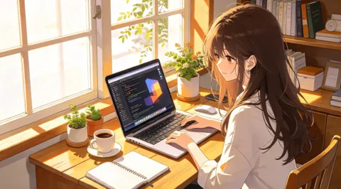 窗边阳光下用笔记本电脑的人物动漫风插画